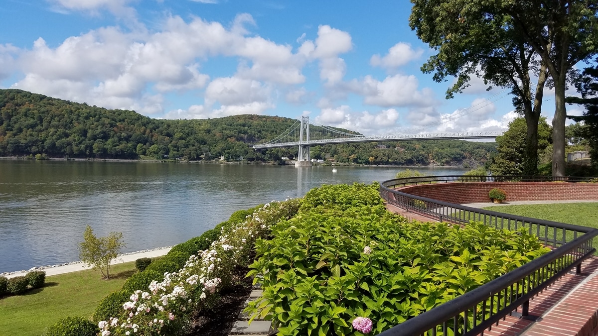 Hotel flower garden with lake view