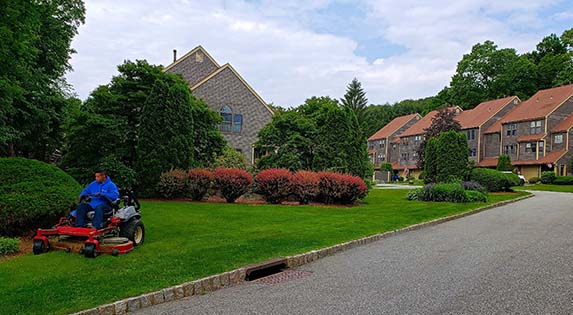 Worker mowing the lawn creating beautiful landscapes in New York City