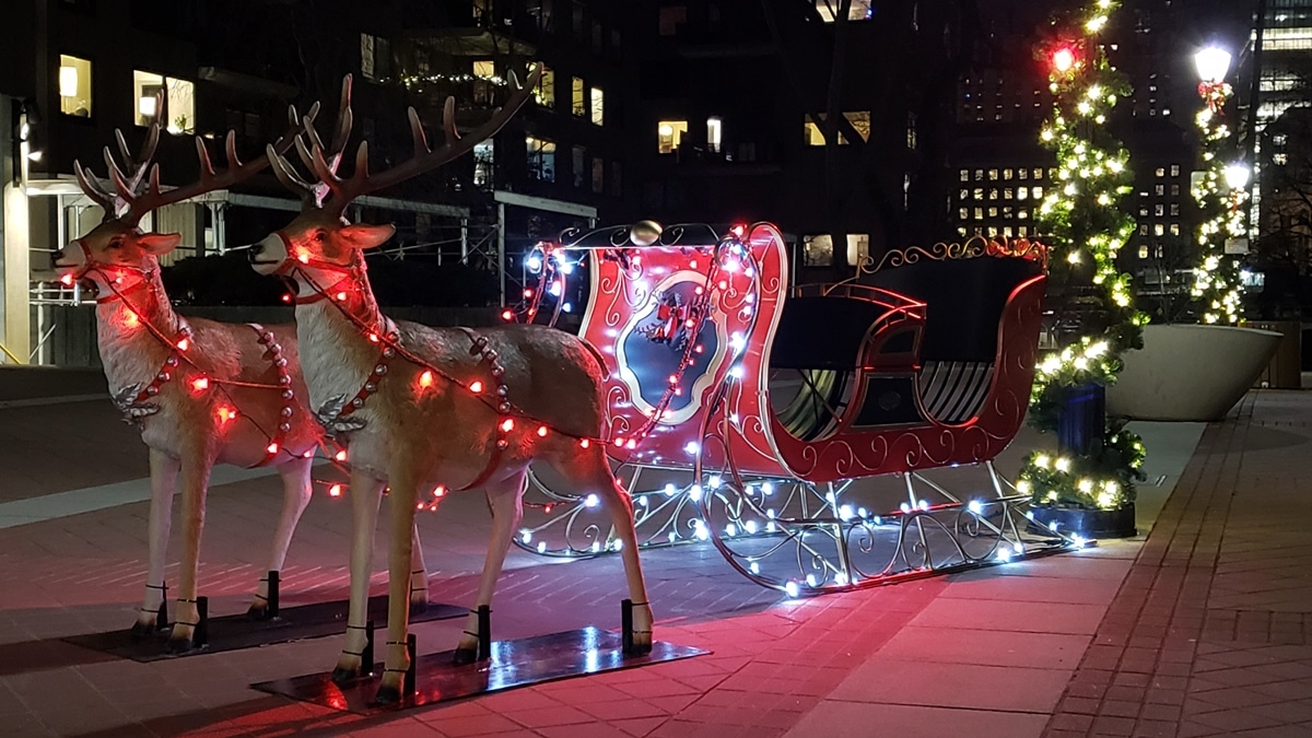 Top quality commercial Christmas decorations includes a reindeer and a sleigh.