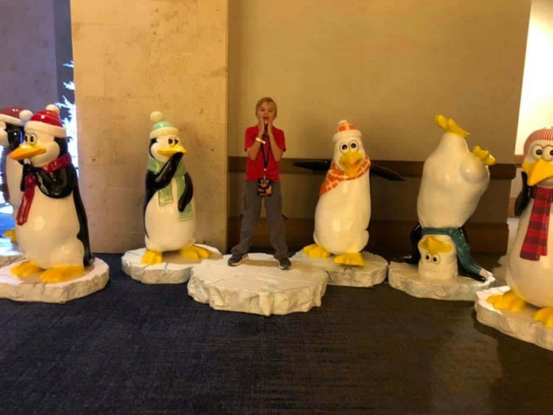 holiday display of christmas penguins